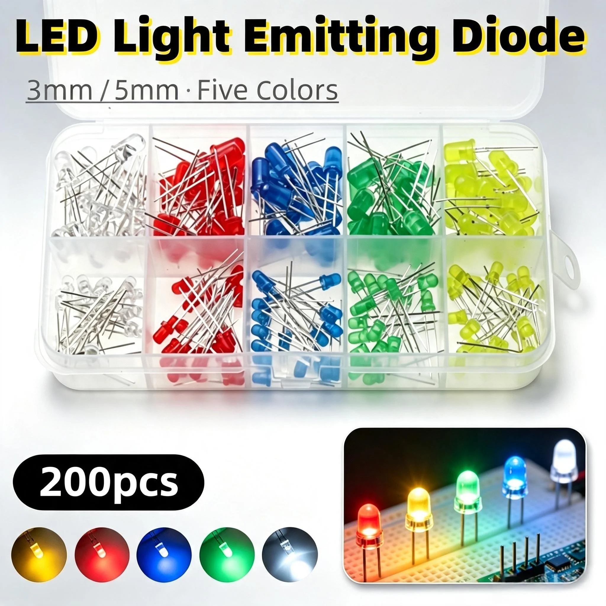 200Pcs/Lot 3mm & 5mm Round Head LED Light Emitting Diode Assortment Kit, Mixed Red Green Yellow Blue White, 20Pcs Each