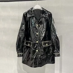 Grand Fashion Coat Spring Women Long Length Five-Pointed Star Single Breasted Patent Leather Jacket Portability