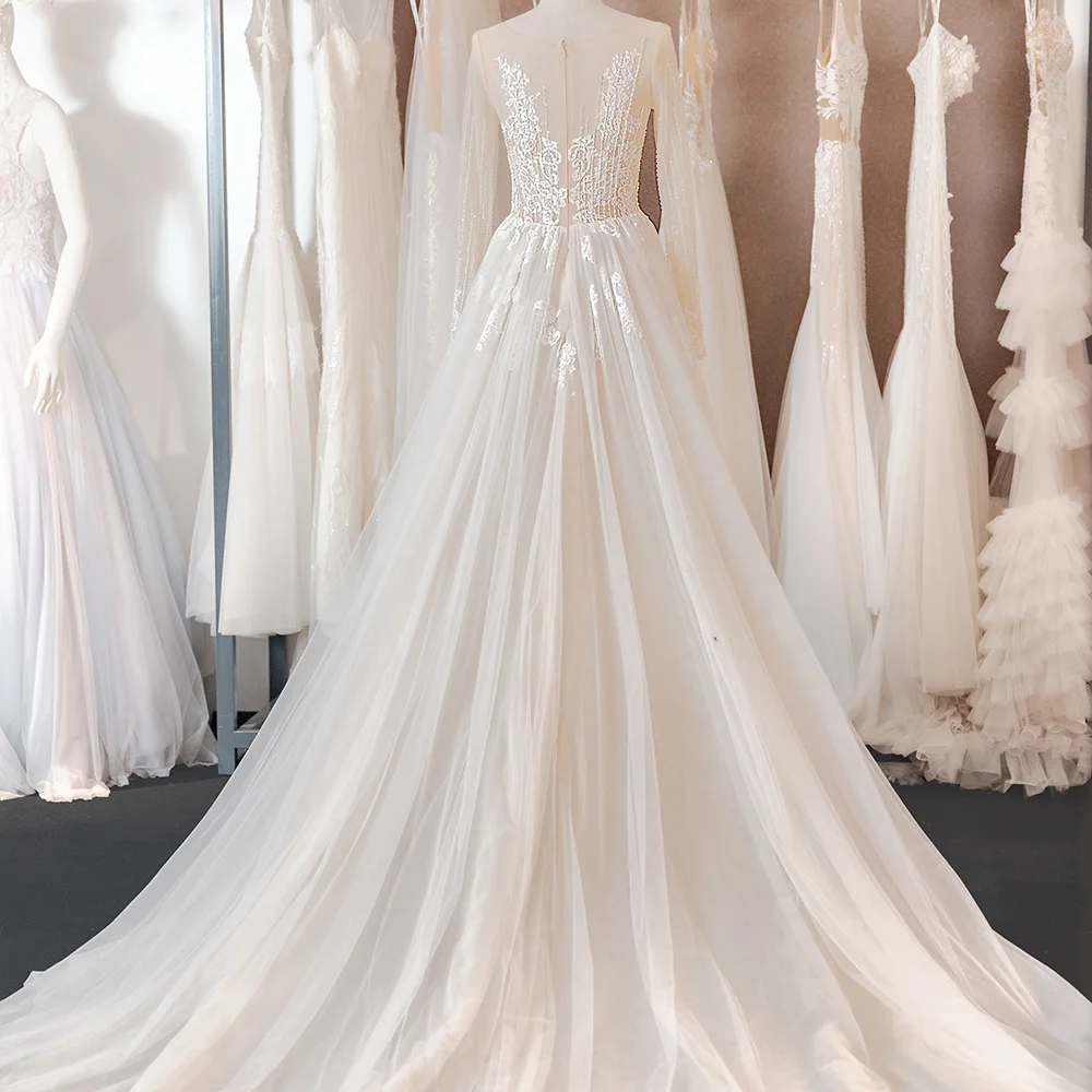 Romantic O-Neck Wedding Dresses Lace Dress For Bride Elegant Floor-length Bridal Gown Full Sleeves vestido de novia LSSG003