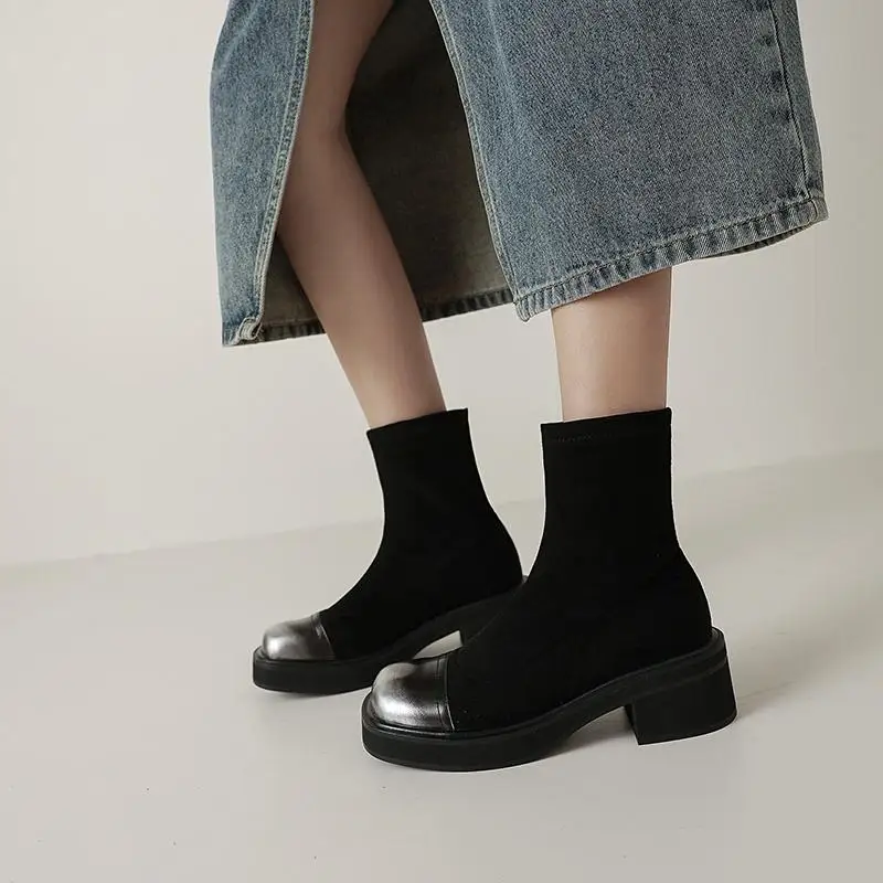 Krazing Pot Cow Leather Round Toe Thick High Heels Winter Warm Elastic Boots Mixed Color Fashion Gradient Color Ins Ankle Boots image 2