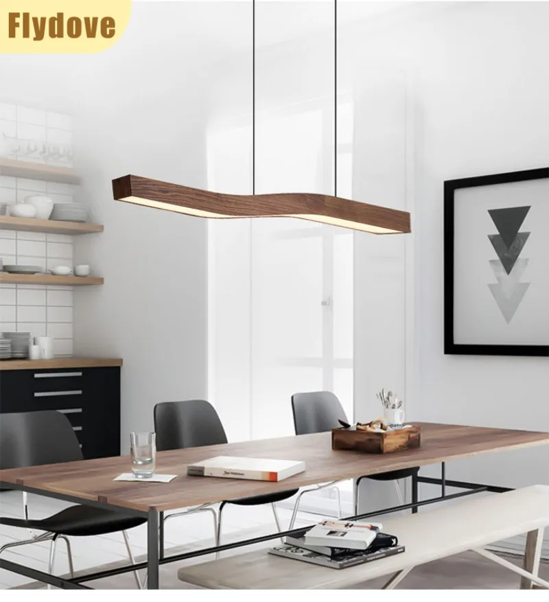 

Japanese Style Minimalist Long Bar Restaurant Chandelier Art Bar Tea Room Living Room Personalized Wood Grain LED Hanging Lamp