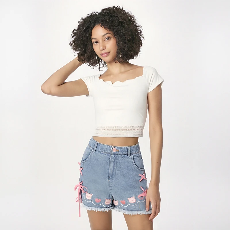 Japanese Subculture Denim Shorts Summer Y2k Embroidered Lace Up Cute Short Pants Kawaii Sweet Chic Women Harajuku Casual Jeans