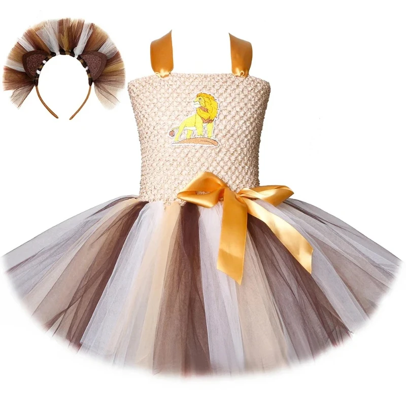 Lion King Girls Party Dresses Halloween Costume Kids Toddler Carnival Jungle Party Animal Dress Up Clothes with Mane Headband