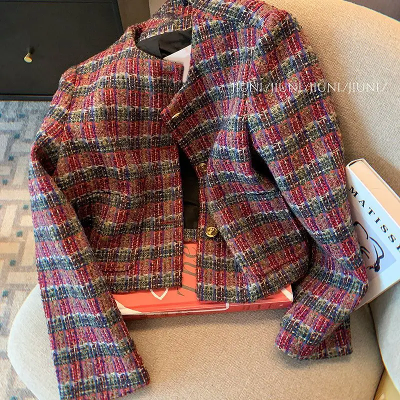 

2024 Women's Autumn Fashion Contrast Color Plaid Jackets Female O-neck Tweed Coats Ladies Long Sleeve Loose Overcoats Q253