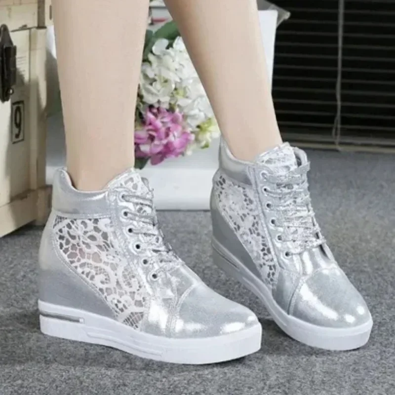 Women\'s Leather High-heeled Shoes Wedge Platform Sports Shoes Rubber Cloth Shoes Height Silver