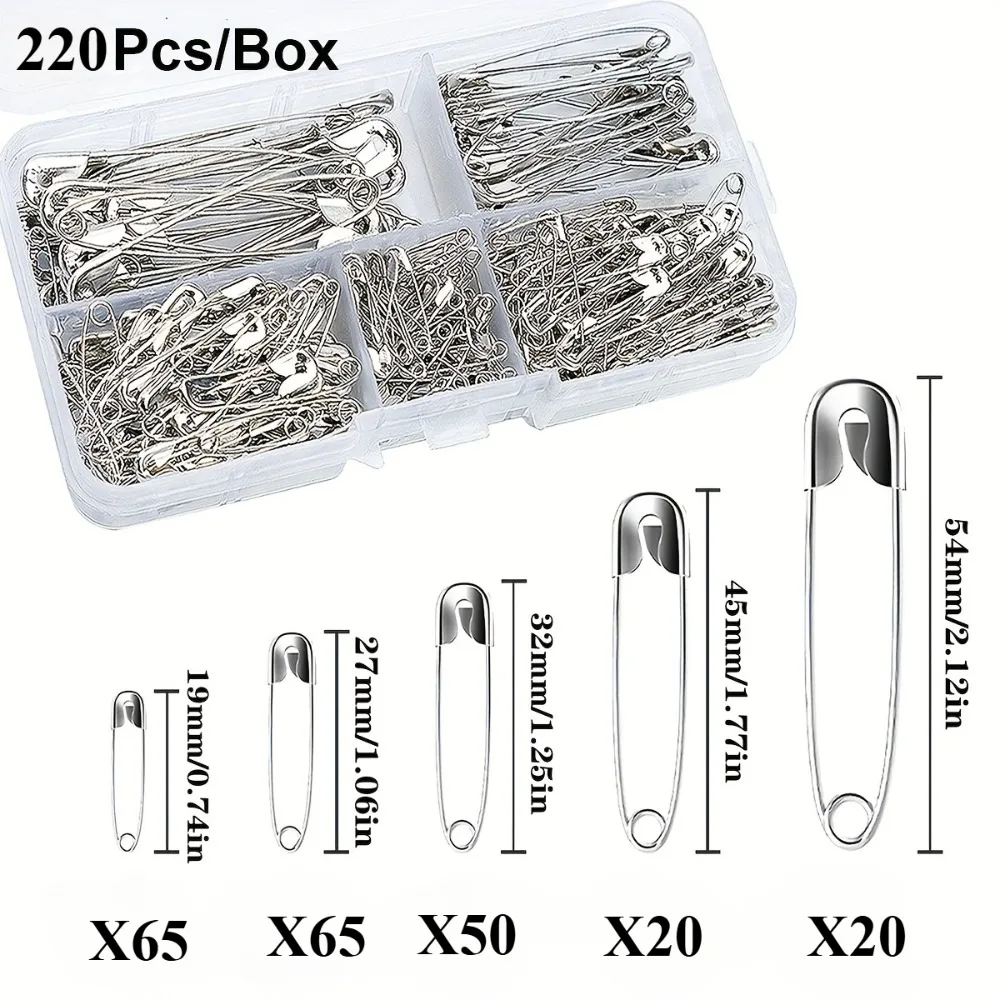 220 Sicherheitsnadeln, 5 Größen langlebiger Silberstifte, rostfreier, vernickelter Stahl, scharfe Kanten für Kleidung und Nähen