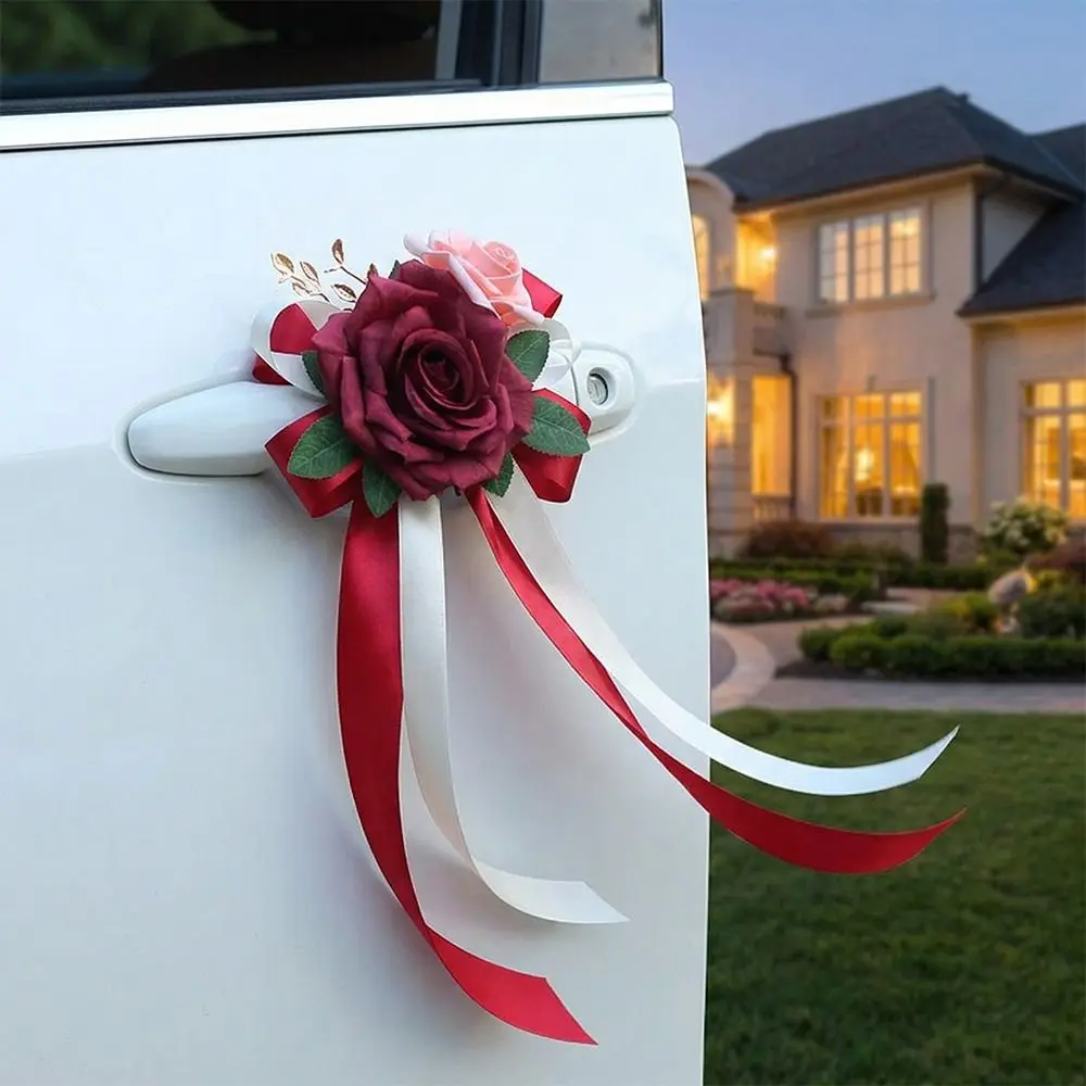 Retro Bow Wedding Car Decoration Luxury Simulation Flower Rearview Mirror Decoration Classic Design Flower Decoration