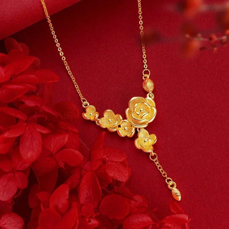 

9999 Real Gold 24K Niche Design High-end Rose Set Chain Flower Collarbone Set Chain Women's Necklace