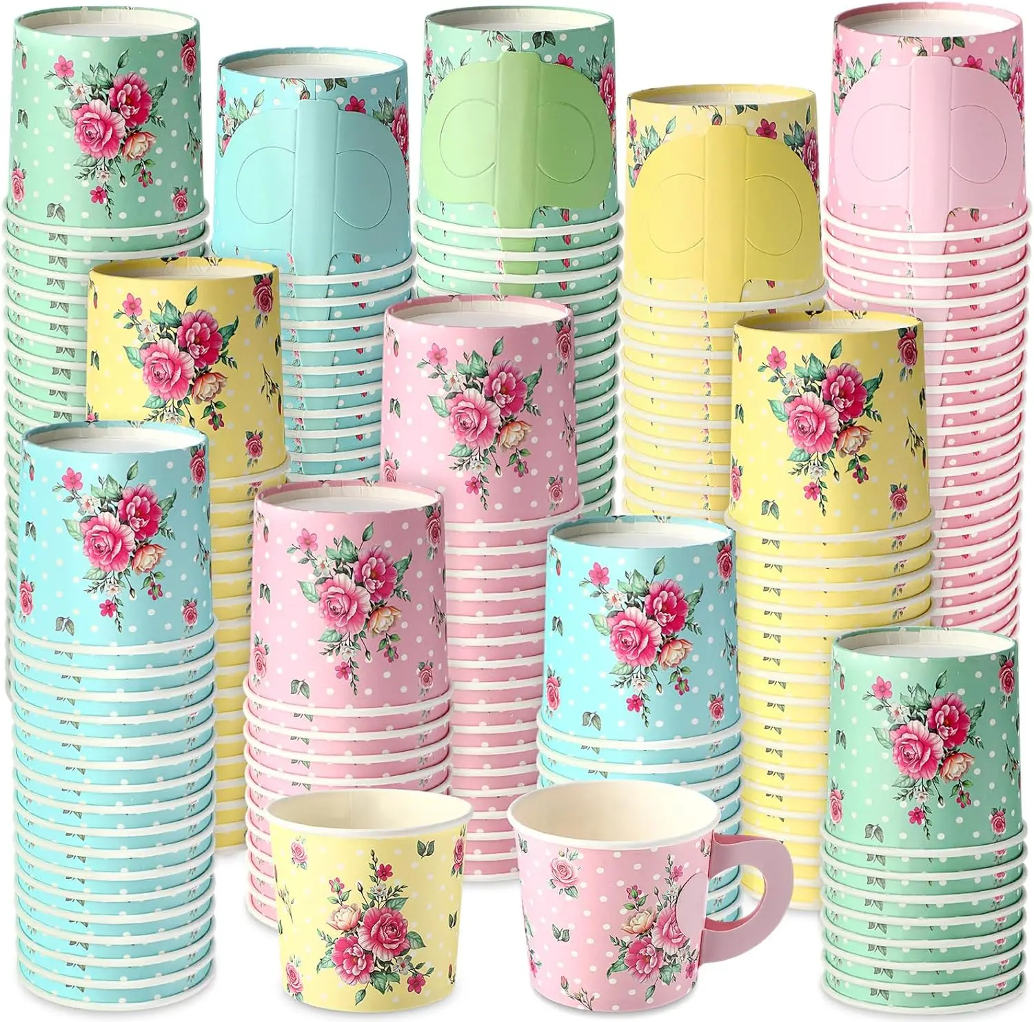 

200 Floral Tea Party Cups with Handle 10 oz Disposable Paper Cups Snack Dessert Ice Cream Teacup Bowls for Birthday Wedd