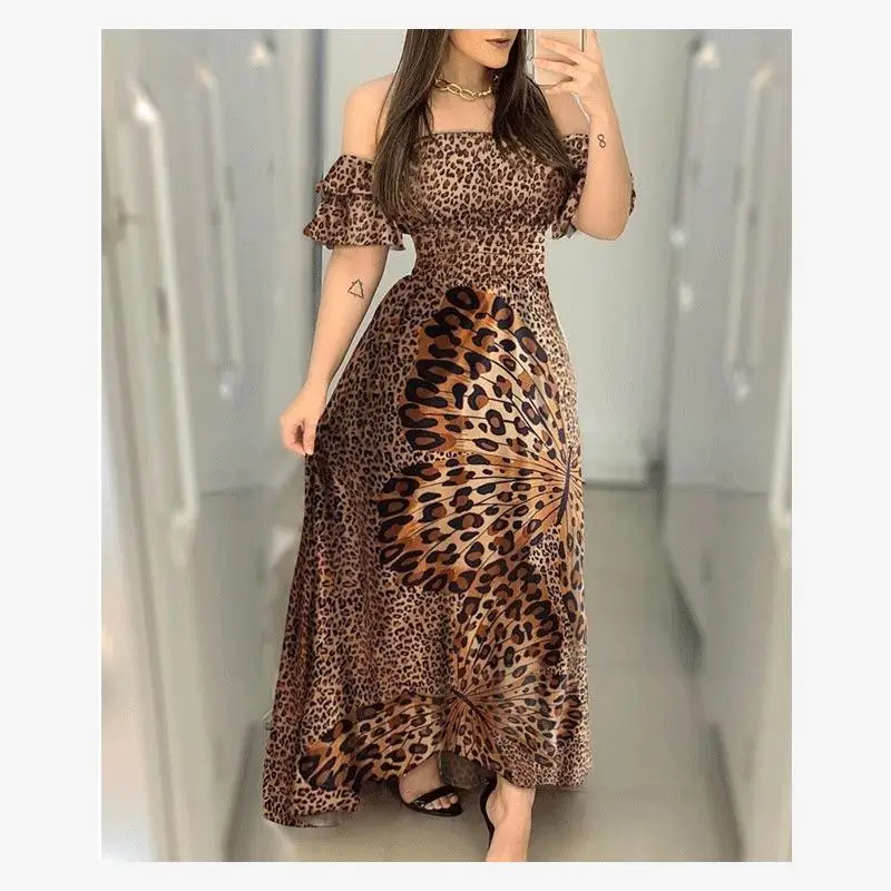 Vestido com Estampa de Borboleta e Leopardo, Um Ombro, Cintura com Cinto, Saia Longa, Vestido de Festa F, Moda Verão 2...