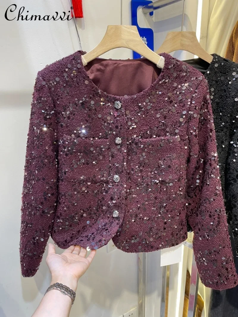 

European High-end Sense Heavy Industry Sequins Autumn New Age-reducing Foreign Tweed Jacket Top Coat For Women