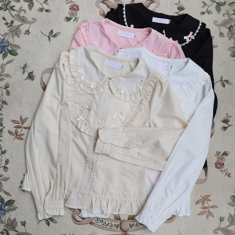 Japan Kawaii Lolita Blouses Women Elegant Bow Ruffles Peter Pan Collar Shirts Tops Girly Casual Blusas Mujer Gothic Y2k Clothes