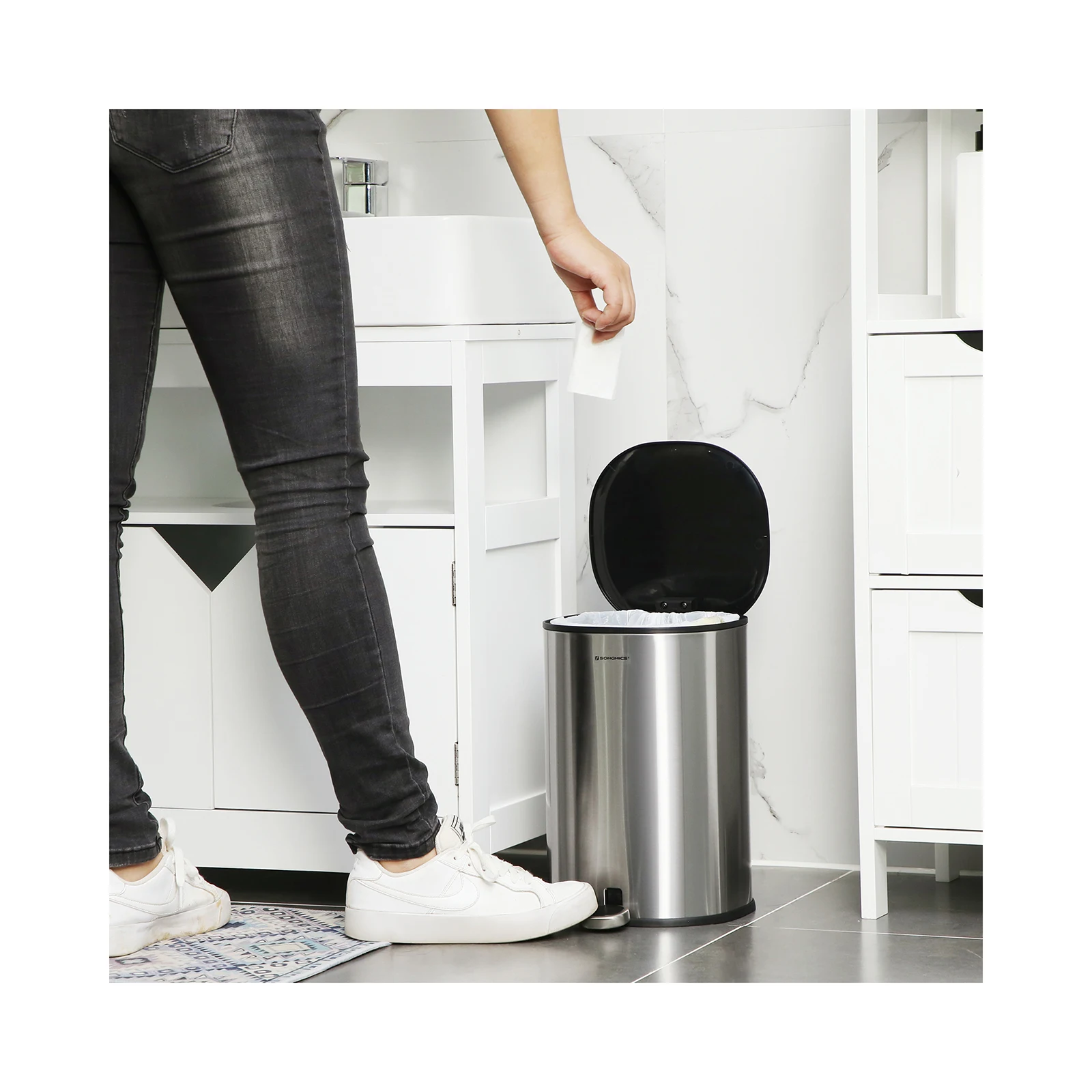 SONGMICS Rubbish Bin, 5 L Bathroom Bin, Steel Pedal Bin, with Inner Bucket, Soft-Close Lid, and Handle, for Bathroom, Toilet