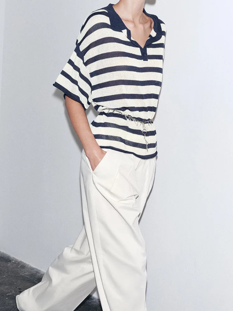 

New Summer Women's Casual Knitted ort Sve round Ne irt Stripe Pattern Versatile Comfortable Commute Sle Faion