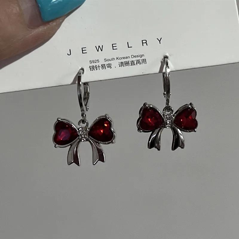 Elegant Wine Red Bow Dangle Earrings for Women Enamel Oil Crystal Drop Earrings Trendy Cute Jewelry Gift