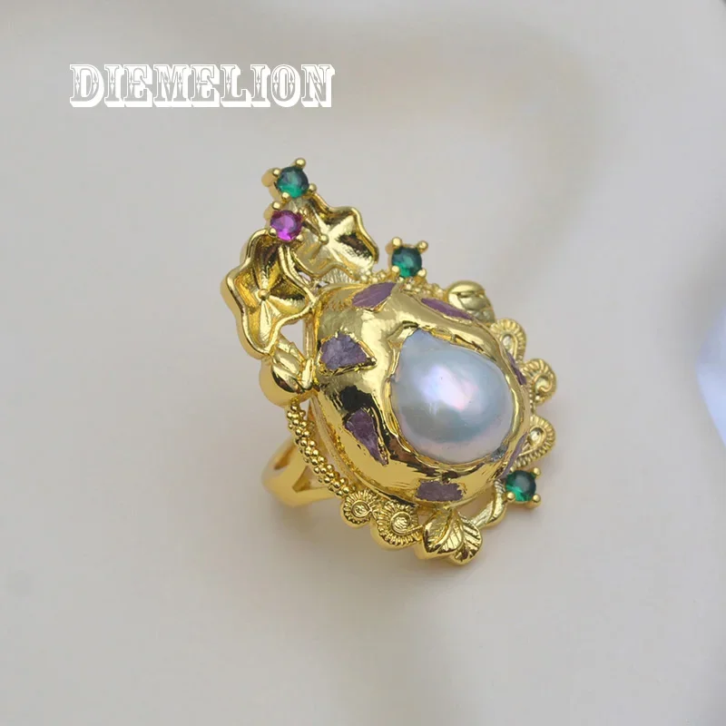 Fashion Natural Baroque Pearl Ring for Women Vintage 18K Gold Plated Adjustable Ring Micro Inlay Colorful CZ with Tourmaline