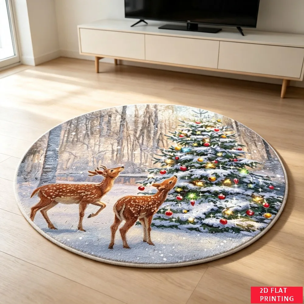 Watercolor Deer Head Floral Wreath Round Carpet For Rustic Living Room Or Nursery With Soft Pink Rose Printed Carpet