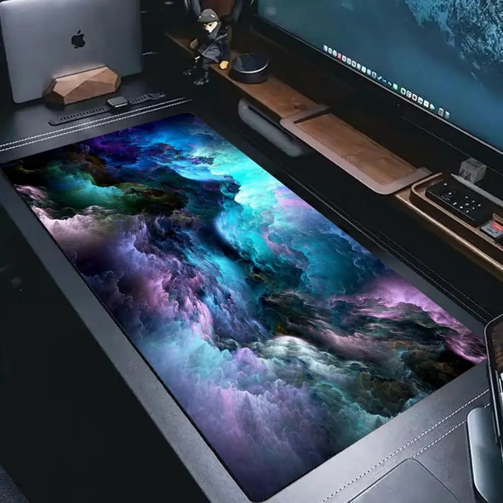 Large Gaming Mouse Pad XXL Blue Purple Cosmic Aurora Nebula Desk Mat Non-Slip Rubber Stitched Edges Keyboard Mat for Gamer