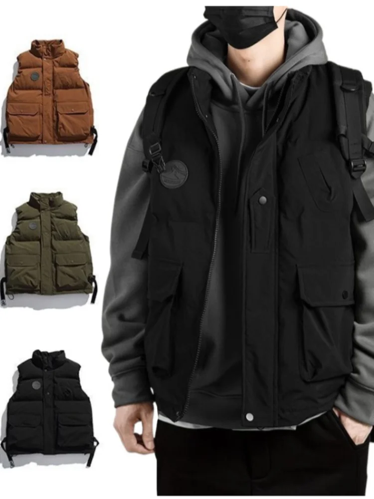 Large Pockets Cotton Male Coat Vest Men Jackets Autumn Winter Lightweight Padded Warm Stand Collar Padding Short Down Jackets
