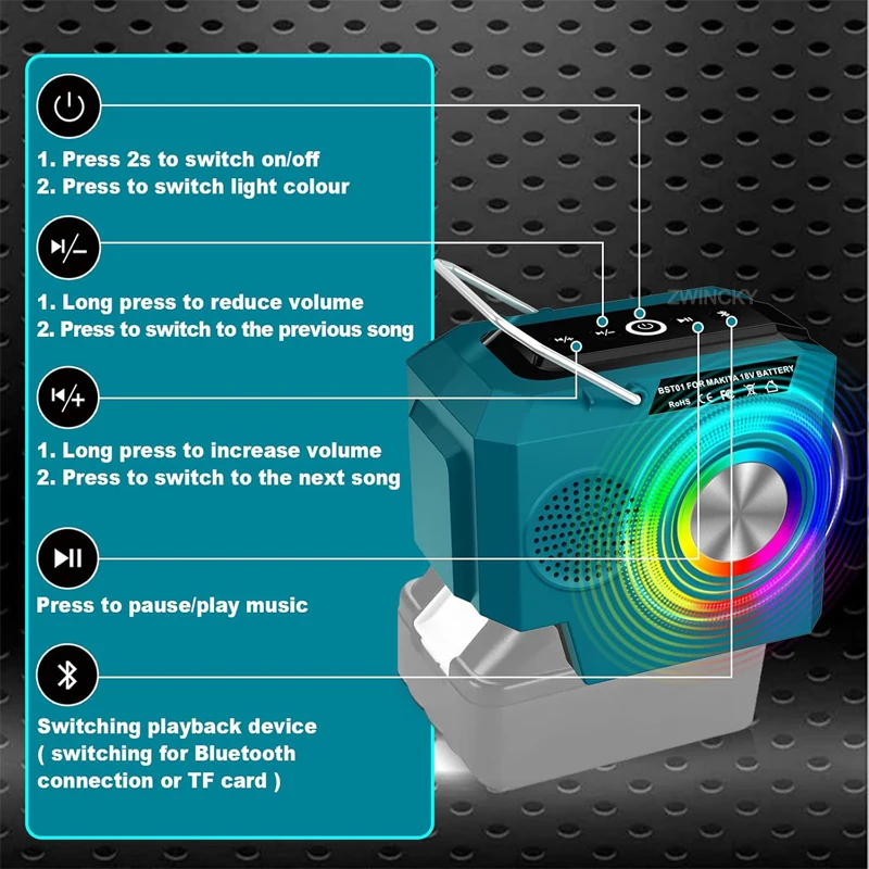 Bluetooth Speaker For Makita/Dewalt/Milwaukee/Bosch 18V Li-ion Battery with USB Type-C Output Port Cordless Portable Speaker