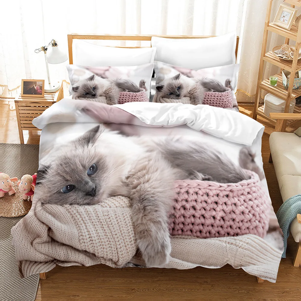 Cute Cat Duvet Cover 3D Animal Bedding Set Pet Kitten Comforter Cover Microfiber Twin Full King For Kids Teen Boys Bedroom Decor