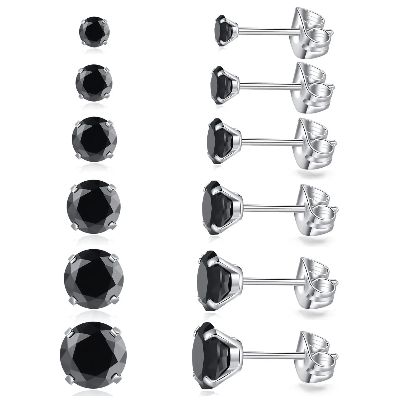 

6 Pairs Unisex Fashion Hypoallergenic Stainless Steel 3-8mm Black Cubic Zirconia Stud Earrings Set for Men Women Daily Wear