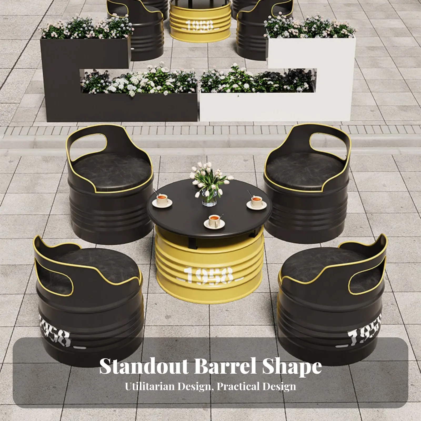 tavolo-e-sedie-in-fusti-d'olio-dal-design-utilitario-set-di-mobili-in-fusti-d'olio-design-a-fusto-rigenerato-salvaspazio-per-caffe-man-cave