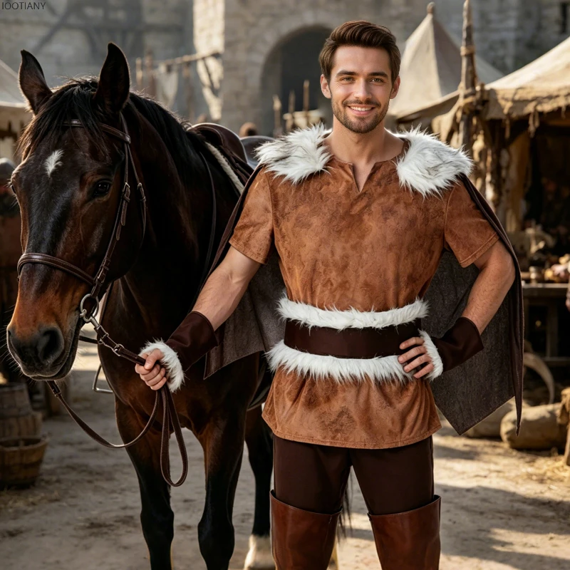 IOOTIANY Medieval Men Warrior Fur Trim Cape Adult Halloween Carnival Cosplay Party Stage Performance Outfit Costume 2026