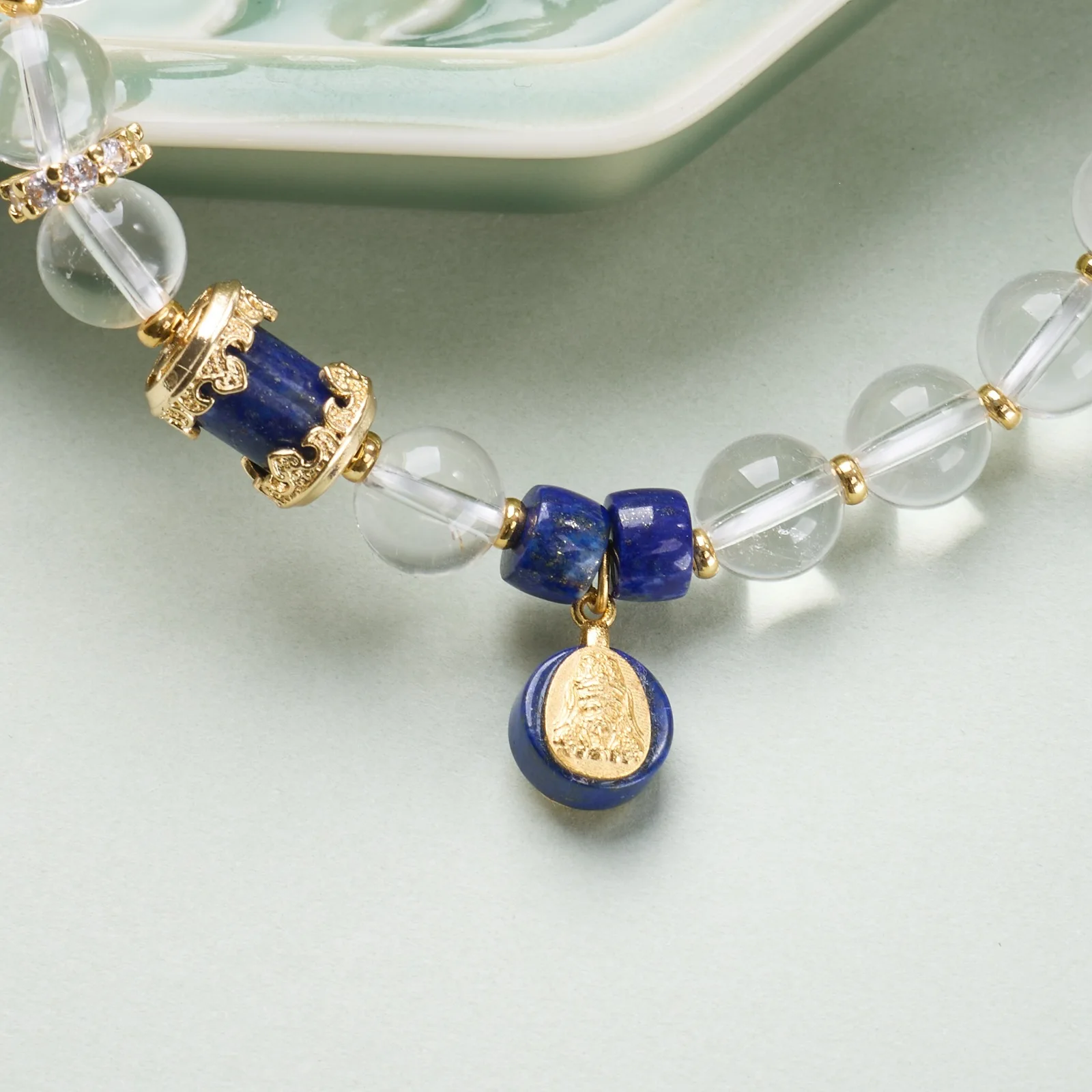 Delicate Chinese Style Lucky Wealth Blessing Zakiram White Crystal Lapis Lazuli Beaded Bracelet For Women Handmade Gold Plated