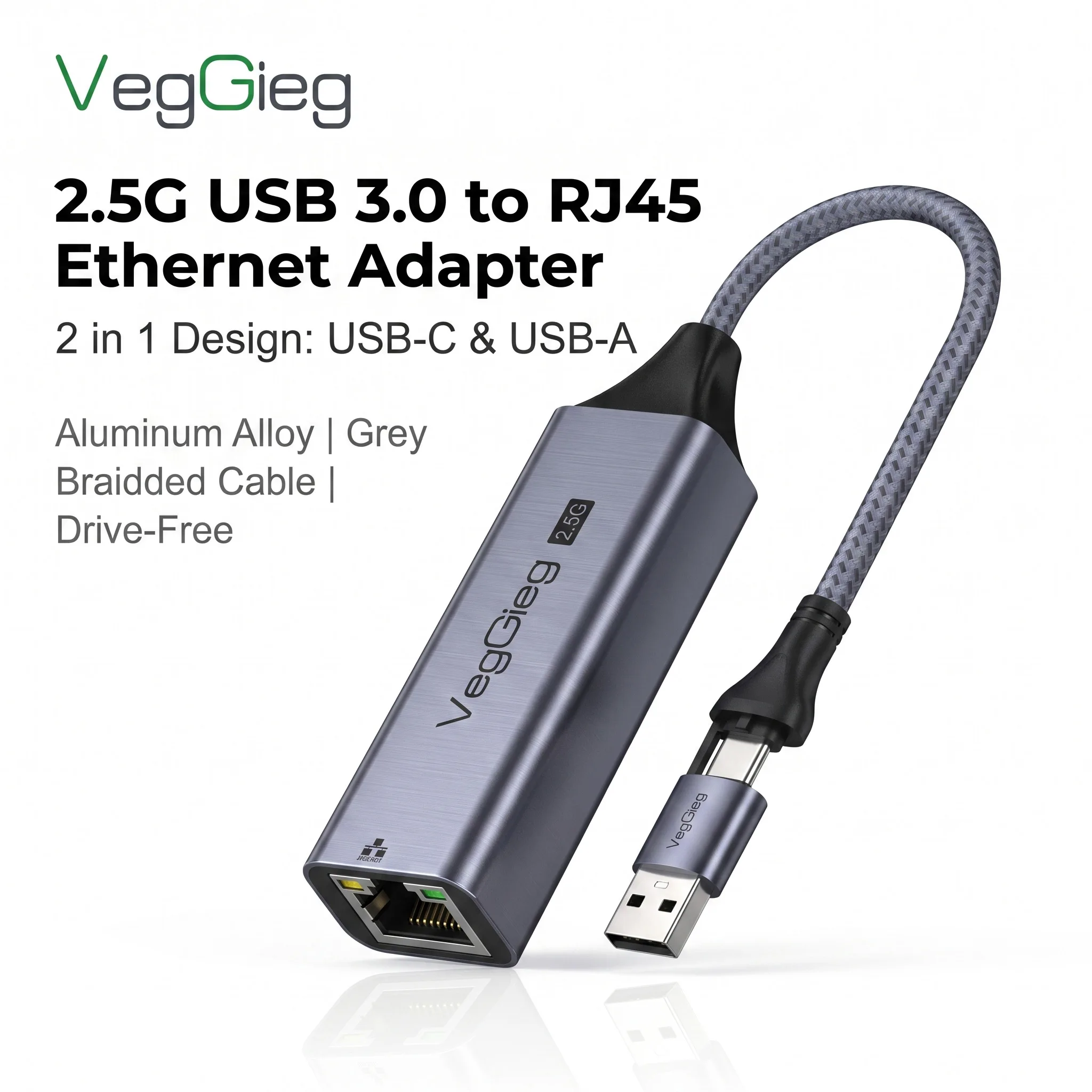 VegGieg 2.5G Ethernet Adapter USB-C/USB 3.0 to RJ45 LAN Network Card 2500Mbps Speed for Laptop PC