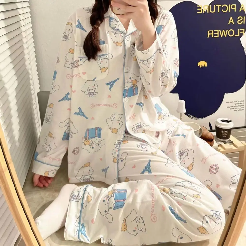 Kawaii Cute Girls Cotton Pajamas Suit Sanrios Kuromi Cartoon Spring Casual Home Wear Anime Comfortable Long-Sleeved Nightclothes