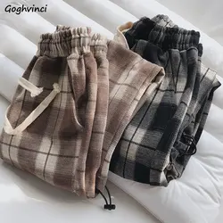 Plaid Pants Women Casual All-match Trousers Ankle Length Velvet Winter Clothes Drawstring Japanese Style Elegant Stylish Mujer