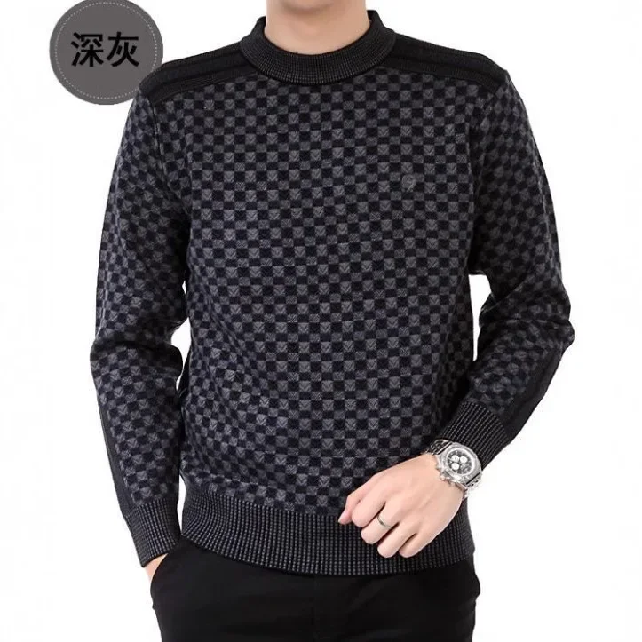 

2025 мужской вязаный свитер с круглым вырезом, джемперы, свитера с длинными рукавами, повседневные свободные осенние легкие эластичные пуловеры в клетку, топы