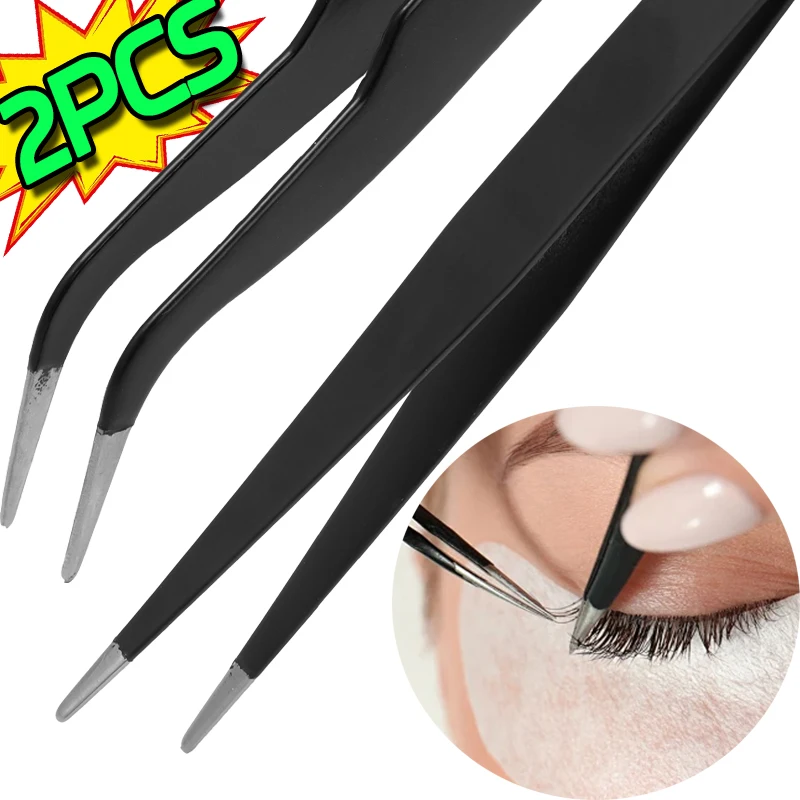 Black Grafted Eyelash Tweezers Stainless Steel Lashes Extension Tweezers Nail Rhinestones Sequins Curved Tweezers Makeup Tools