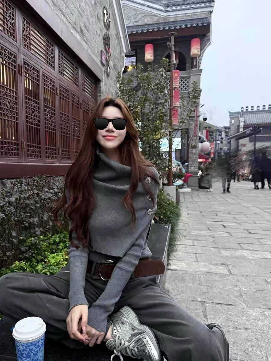 

2000s Korean Fashion Slim Turtleneck Autumn Sweaters Y2k Pure Color Subculture Casual Long Sleeve Pullover Vintage Sweaters Chic