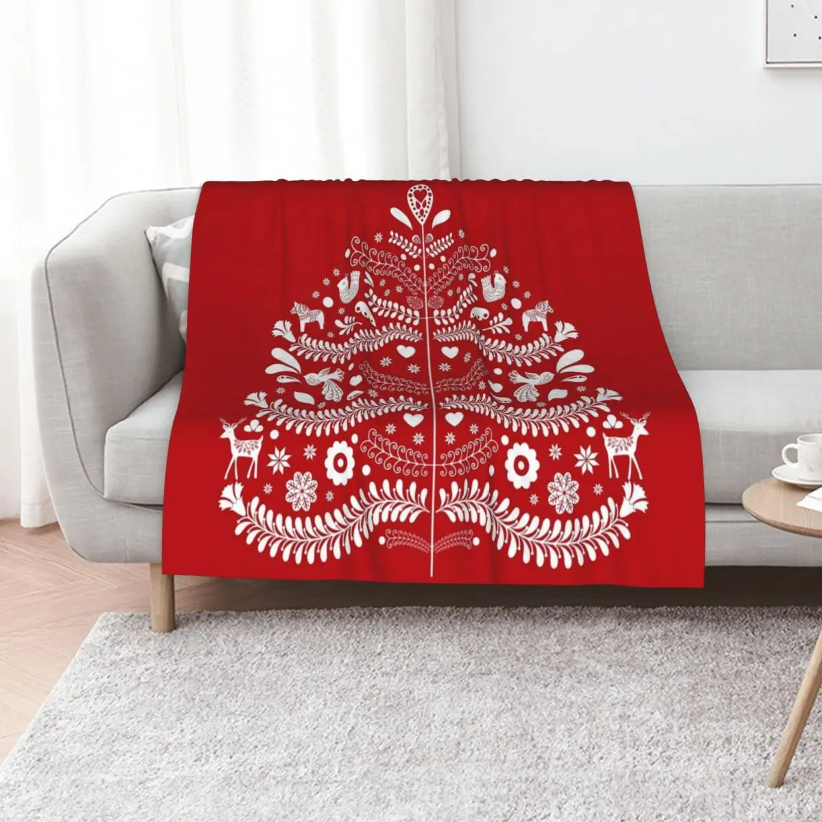 White Scandinavian Christmas Tree on Red Throw Blanket Custom Travel Baby Single Soft Plaid Vintage Blankets