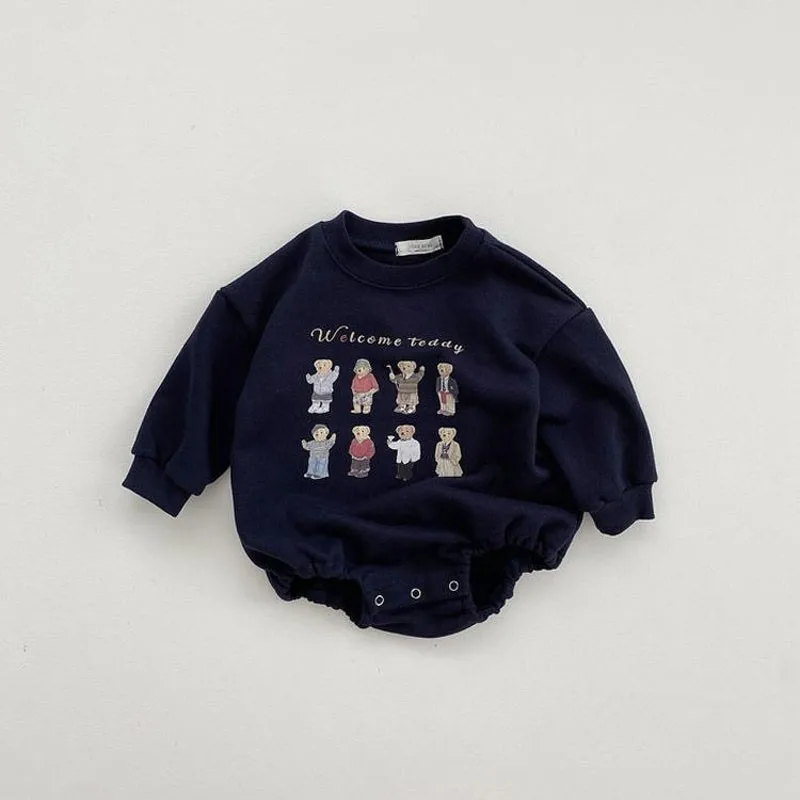 Cute Infant Girl Cartoon Bear Long Sleeves Loose Sweatshirts Bodysuit Fashion Letter Jumpsuit Baby Boys Comfortable Clothes