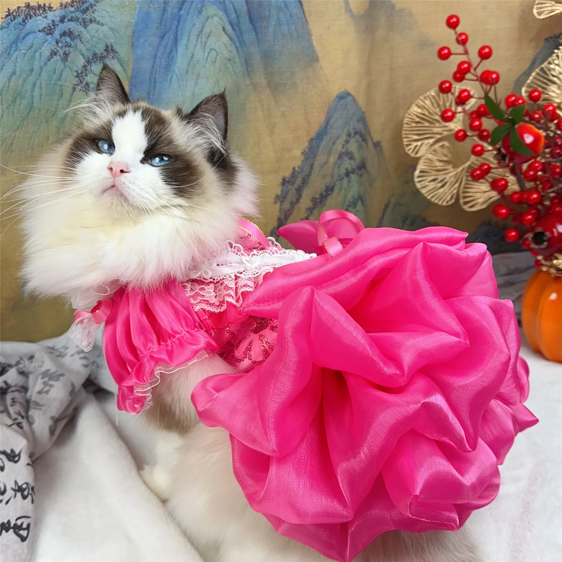 

Princess Party Gown for Small Poodle Puppy Luxury Handmade Lace Dog Dress Magenta with Crystal Bows Wedding & Birthday Outfit