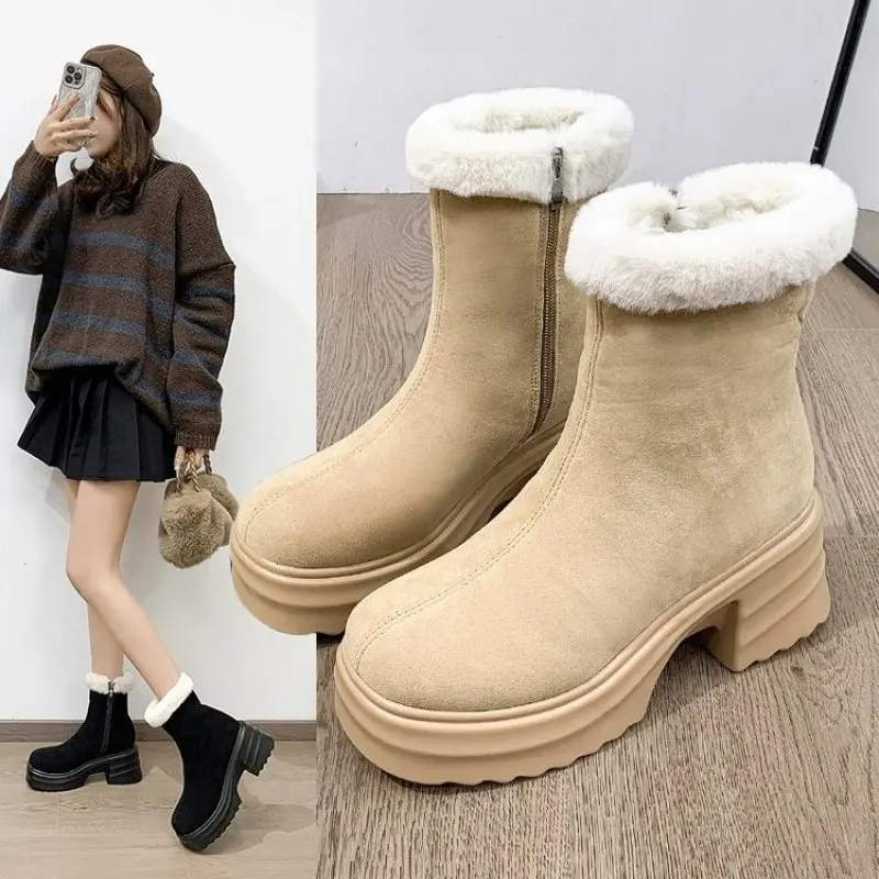 

NEW Woman Cow Suede Wool Fur Square Toe Winter Warm Snow Boots Thick Bottom Platform Casual Sweet Princess Style Ankle Boots 40