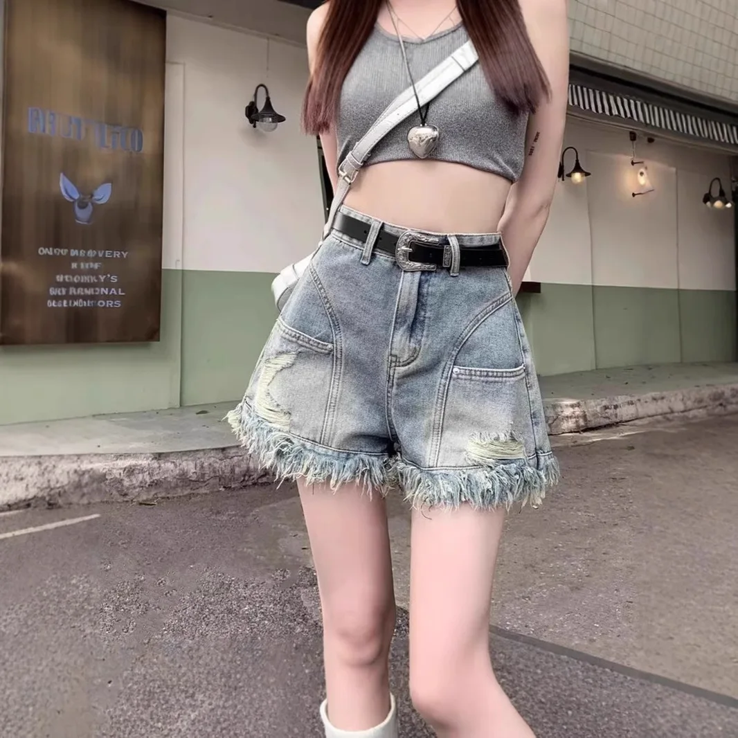 

American Style Girl Distressed Frayed Denim Shorts For Women Summer Niche Design High Waist A-Line Hot Pants Trendy