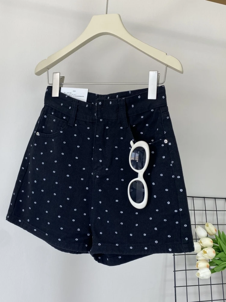 

Polka Dot Print A-Line Denim Shorts Women's Summer New Style Sweet Cool Black Slimming Versatile Hot Pants High Waist Jeans