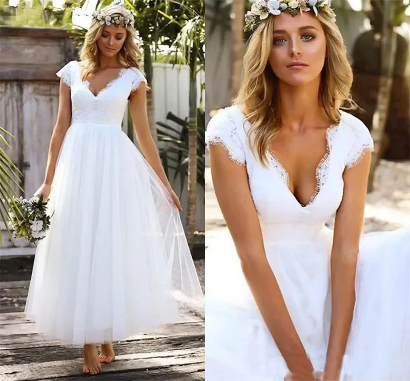 

Elegant Short Wedding Dresses 2023 Tea Length Boho Lace Tulle Cap Sleeve V Neck Bohemian Beach Bridal Gowns Vestido De Novia New