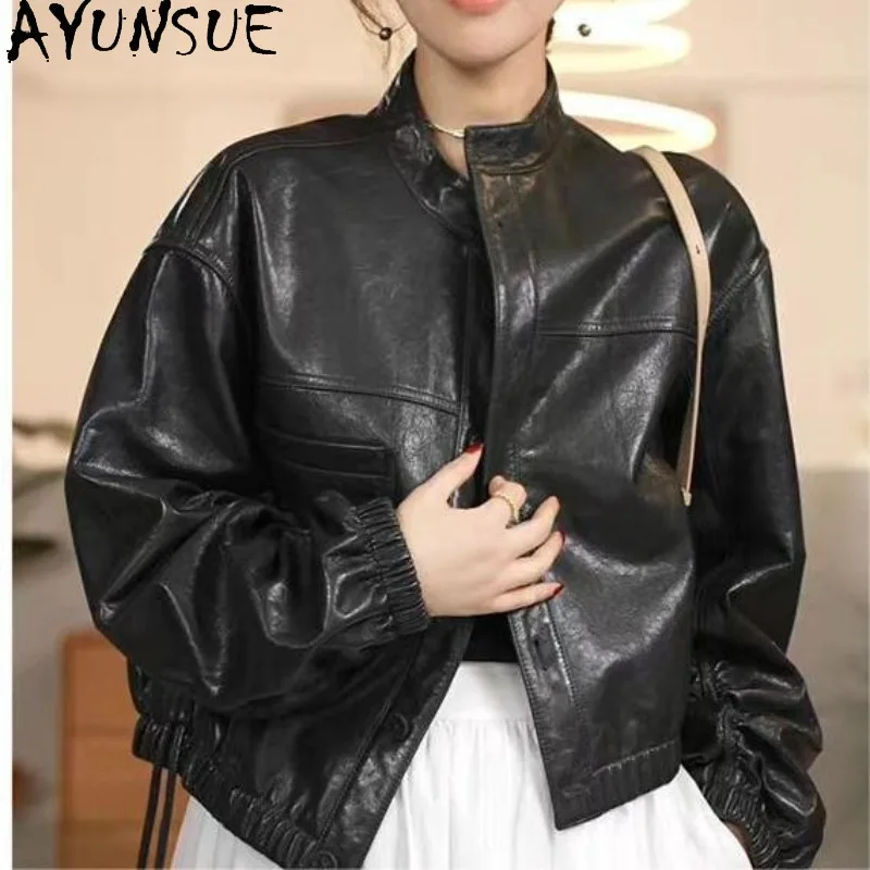 AYUNSUE Women's Real Leather Jacket Sheepskin Oil Wax Leather Jackets for Woman Stand Collar Short Outerwear Woman Clothing