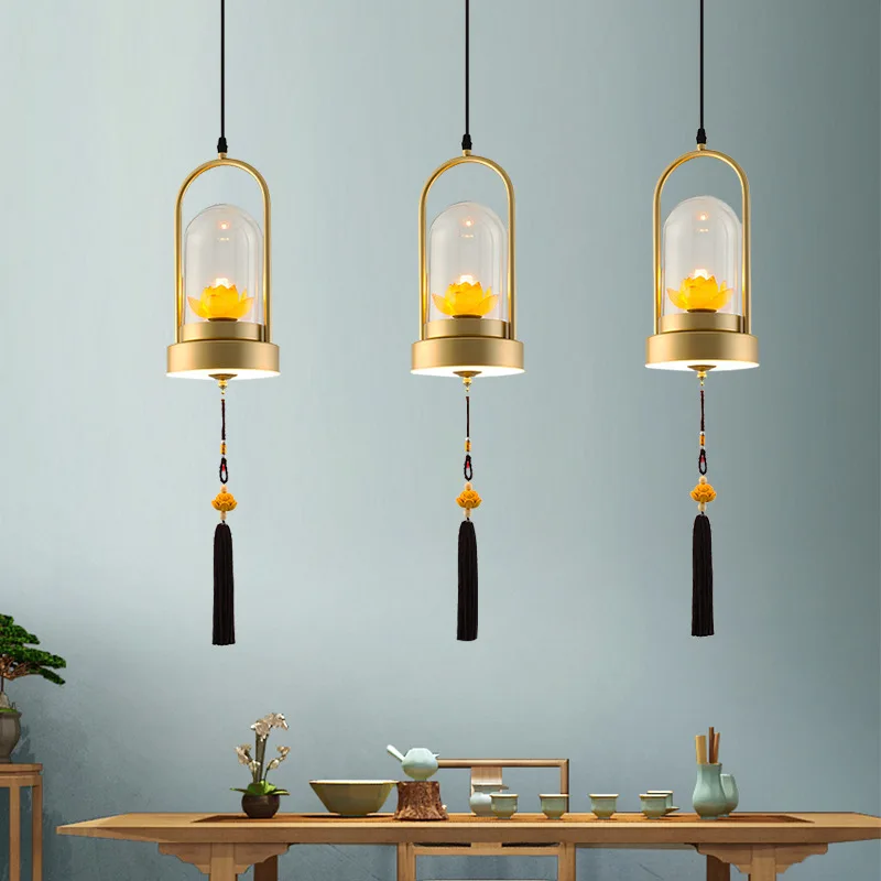 Classical Style Creative Pendant Lights Tea Room Bar Staircase Corridor Teahouse Bedroom Resin Lotus Zen Spirit Small Chandelier