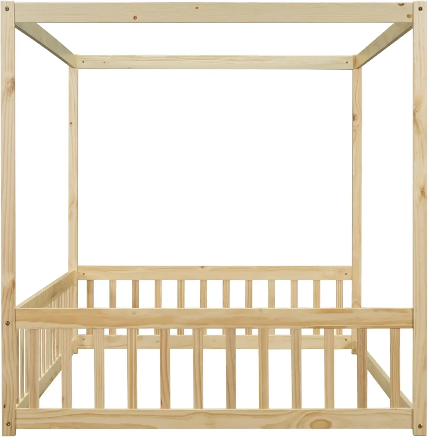 Maat hemelbedframe met leuningen voor kinderen, vloerbed vol met vier posterontwerpen, kinder Montessori vloerbed, houten hemelbed