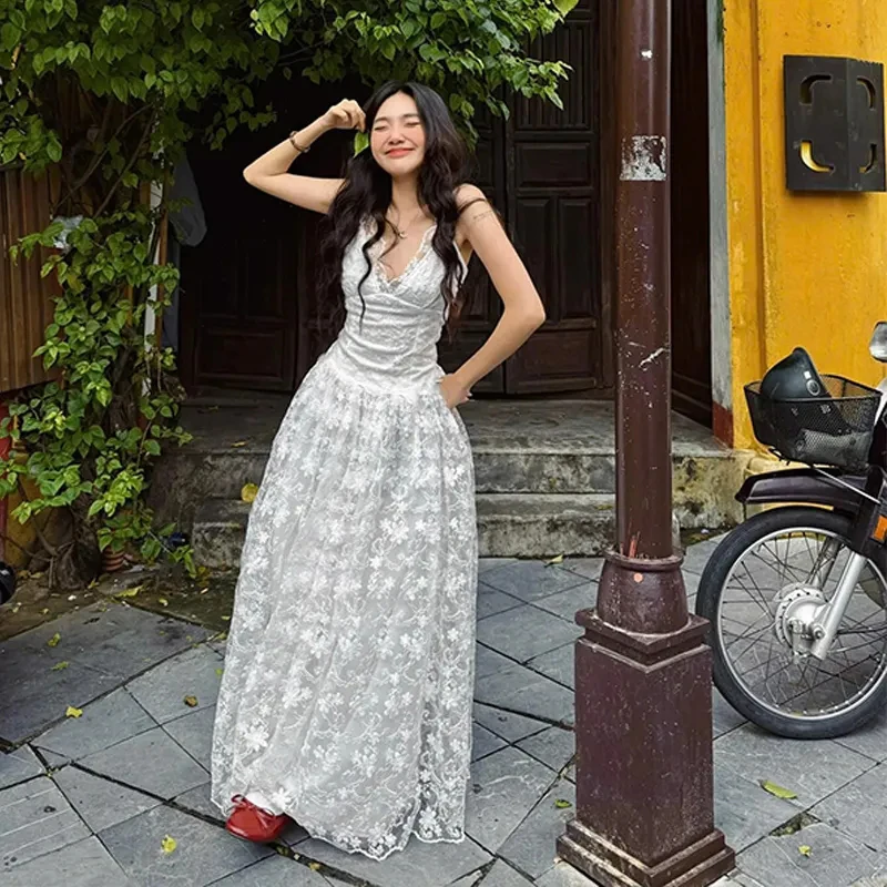 Lace Camis Dress for Women Y2K French Sexy V Neck Sleeveless Midi Dress Summer Chic Spaghetti Straps Party Night Female Vestidos