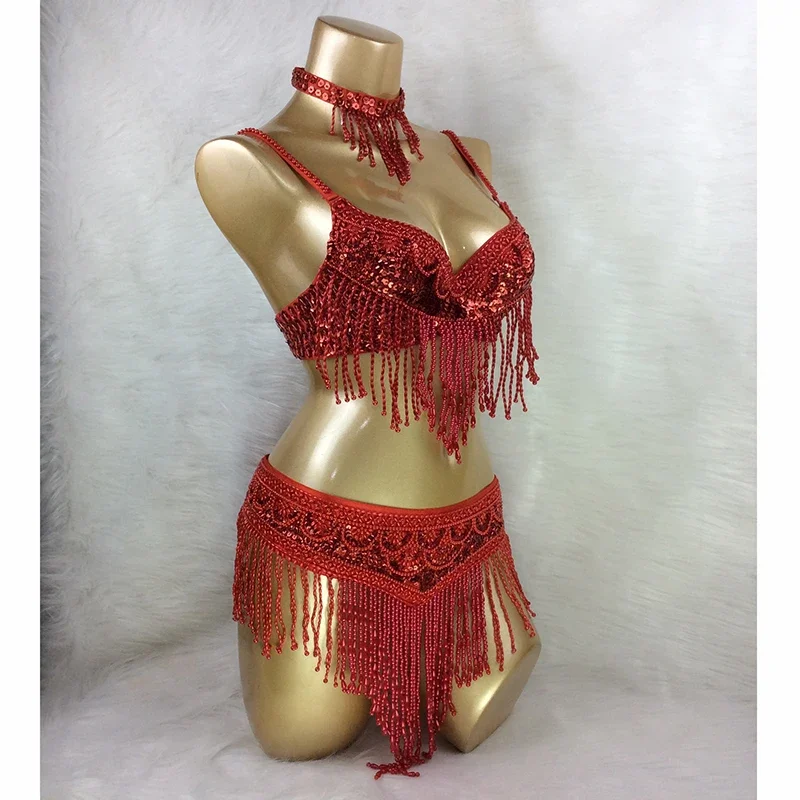 Conjunto de traje de danza del vientre con cuentas para mujer, Ropa de baile de vientre de Carnaval Sexy, Tops de danza del vientre nocturna, sujetador de cadena, cinturón, Ropa de baile, nuevo