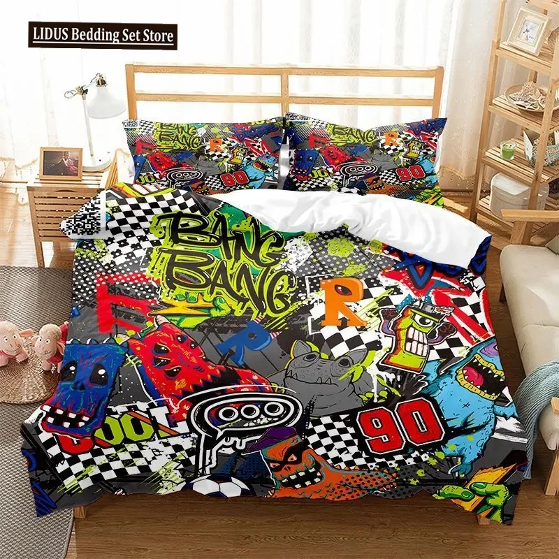 Hippie Graffiti Duvet Cover Set King Queen Size For Boys Youth Polyester Comforter Cover Modern Street Art Bedspread Cover