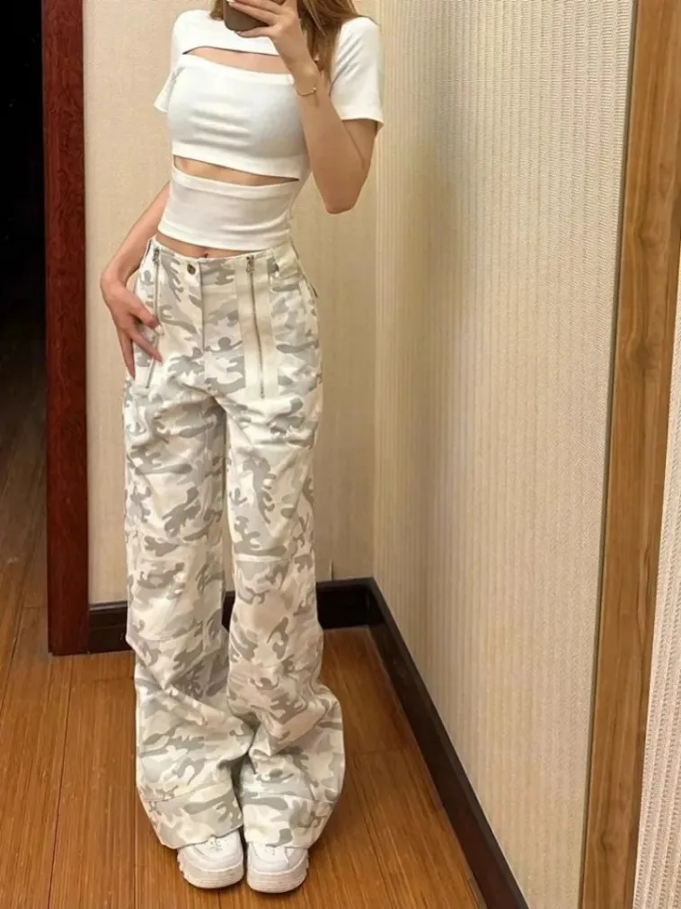 American Retro Camouflage Cargo hose y2k E-Girl neue gerade Jeans mit hoher Taille für Frauen 2024 Sommer lockeres weites Bein