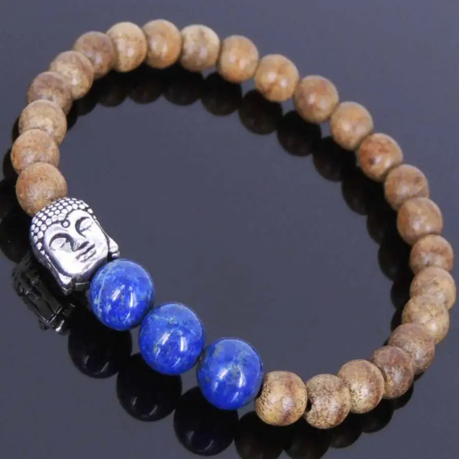 

Handmade Sandalwood Buddha bead bracelet, men's cuff button bracelet, lapis lazuli Ramadan prayer bead bracelet